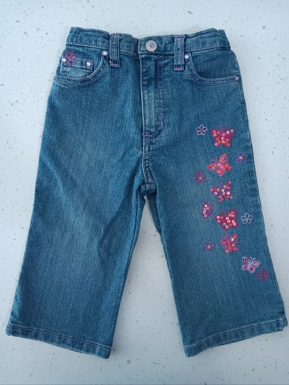 Vintage Girls' Pink Sequin Butterfly Denim Jeans Size 12M